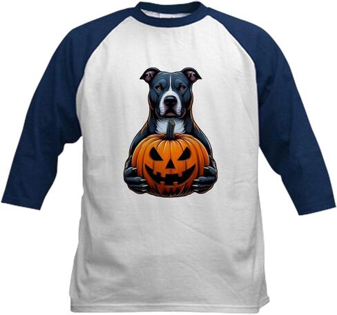 CafePress Pitbull Halloween Holding Jack O Lantern Kids Baseball T Shirt Kids Cotton Baseball Jersey, 3/4 Raglan Sleeve Shirt in Saudi Arabia