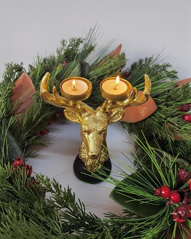 Reindeer Head Candle Holders - Vintage Gold Deer Candle Sticks for Christmas Decor, Holiday Wedding Gifts, Farmhouse Centerpiece & Fireplace Mantel Decorations in Saudi Arabia