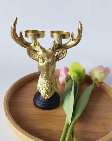 Reindeer Head Candle Holders - Vintage Gold Deer Candle Sticks for Christmas Decor, Holiday Wedding Gifts, Farmhouse Centerpiece & Fireplace Mantel Decorations in Saudi Arabia