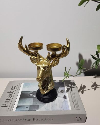 Reindeer Head Candle Holders - Vintage Gold Deer Candle Sticks for Christmas Decor, Holiday Wedding Gifts, Farmhouse Centerpiece & Fireplace Mantel Decorations in Saudi Arabia