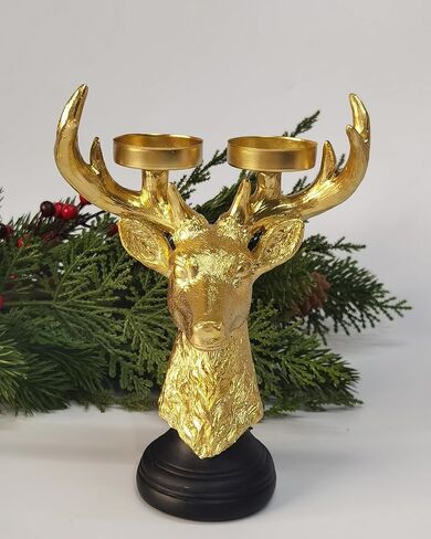 Reindeer Head Candle Holders - Vintage Gold Deer Candle Sticks for Christmas Decor, Holiday Wedding Gifts, Farmhouse Centerpiece & Fireplace Mantel Decorations in Saudi Arabia