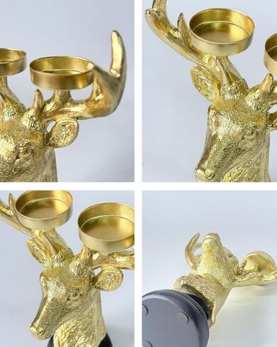 Reindeer Head Candle Holders - Vintage Gold Deer Candle Sticks for Christmas Decor, Holiday Wedding Gifts, Farmhouse Centerpiece & Fireplace Mantel Decorations in Saudi Arabia