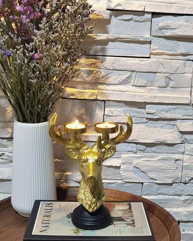 Reindeer Head Candle Holders - Vintage Gold Deer Candle Sticks for Christmas Decor, Holiday Wedding Gifts, Farmhouse Centerpiece & Fireplace Mantel Decorations in Saudi Arabia