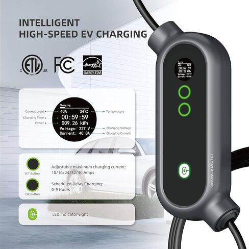 Level 2 240V/40A Fast EV Charger, ETL/FCC/Energy Star Certified, 24ft Cable, Wall Mount and Portable, 14-50R to 5-15P Adapter, LCD Screen, Indoor/Outdoor Charging Station, Dark Gray in Saudi Arabia