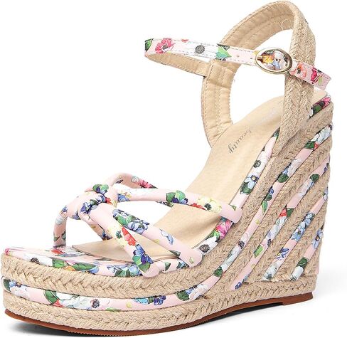 getmorebeauty Women's Espadrille Wedge Sandals Flower Pattern Ankle Strap Open Toe Platform High Heel Sandals Dress Shoes in Kuwait