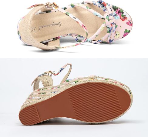 getmorebeauty Women's Espadrille Wedge Sandals Flower Pattern Ankle Strap Open Toe Platform High Heel Sandals Dress Shoes in Kuwait