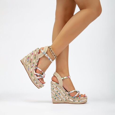 getmorebeauty Women's Espadrille Wedge Sandals Flower Pattern Ankle Strap Open Toe Platform High Heel Sandals Dress Shoes in Kuwait