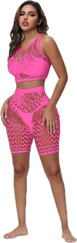 Women's Sexy Fishnet Lingerie Set Sleeveless Crop Top Fishnet Shorts 2 Piece Mesh Outfit Lace for Club Rave Outfit Black in Saudi Arabia
