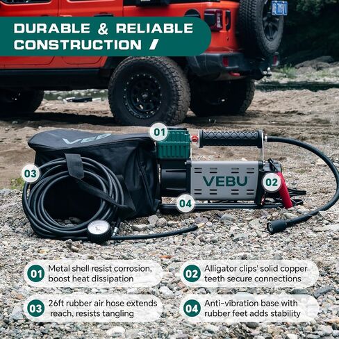 Portable Air Compressor 12V Tire Inflator, Dual Cylinder 125PSI with In-line Pressure Gauge, 10.6CFM Fast Inflation for Off-road Vehicles, Trucks, SUVs, RVs, ATVs, DC Power, Corded Electric in Saudi Arabia