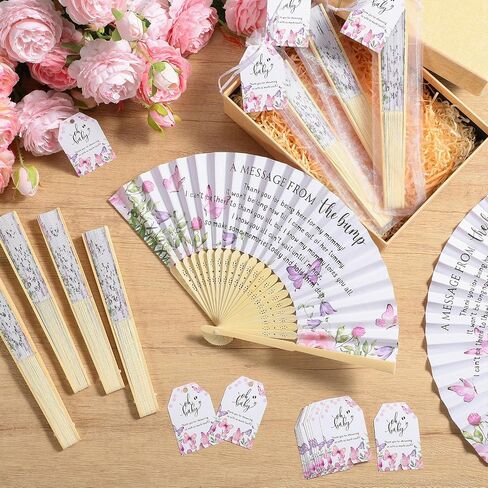 25 Set Baby Shower Party Favors for Guests Folding Paper Fans a Message from The Bump Bamboo Handheld Fans with Thank You Tags Organza Bags Gender Reveal Party Supplies (Butterfly) in Kuwait