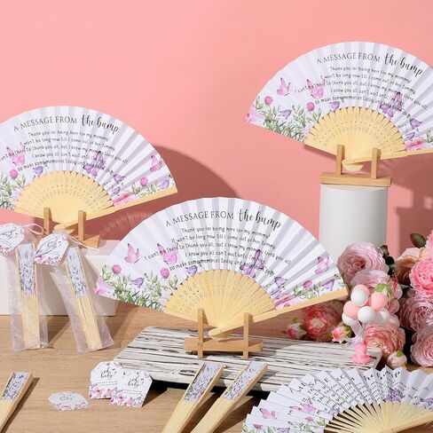 25 Set Baby Shower Party Favors for Guests Folding Paper Fans a Message from The Bump Bamboo Handheld Fans with Thank You Tags Organza Bags Gender Reveal Party Supplies (Butterfly) in Kuwait