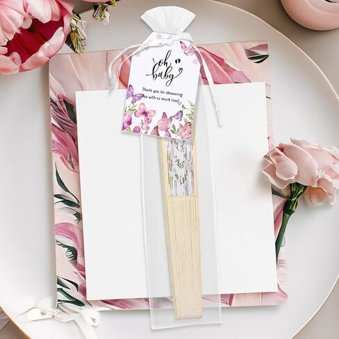 25 Set Baby Shower Party Favors for Guests Folding Paper Fans a Message from The Bump Bamboo Handheld Fans with Thank You Tags Organza Bags Gender Reveal Party Supplies (Butterfly) in Kuwait