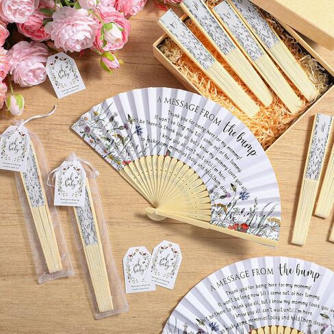 25 Set Baby Shower Party Favors for Guests Folding Paper Fans a Message from The Bump Bamboo Handheld Fans with Thank You Tags Organza Bags Gender Reveal Party Supplies (Butterfly) in Kuwait