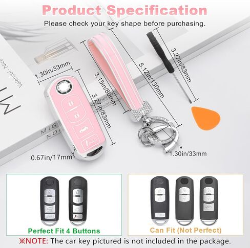PIFOOG Key Fob Cover for Mazda 3 6 CX5 MX-5 Miata CX9 CX3 Accessories Pink 4 Button Car Keys Case Shell Protector Bling Keychain Ring Full Protection Girly Women Cute TPU in Saudi Arabia
