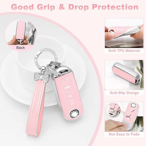 PIFOOG Key Fob Cover for Mazda 3 6 CX5 MX-5 Miata CX9 CX3 Accessories Pink 4 Button Car Keys Case Shell Protector Bling Keychain Ring Full Protection Girly Women Cute TPU in Saudi Arabia