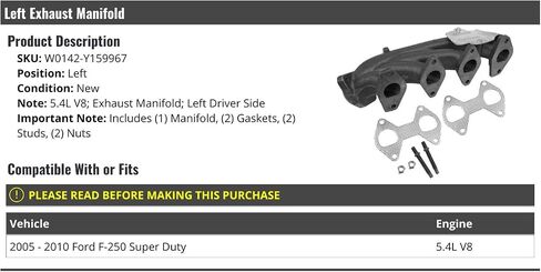 طقم عادم من جانبي السائق الأيسر مع حشيات وأجهزة-متوافقة مع 2005-2010 Ford F-250 Super Duty 5.4L V8 in Saudi Arabia