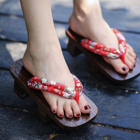 Artibetter Womens Slippers اليابانية السدادات الخشبية الزهور Geta Sandals Geisha cosplay حذاء حذاء كيمونو أزياء للنساء للبنات حجم 38 قبضات المنازل in Saudi Arabia