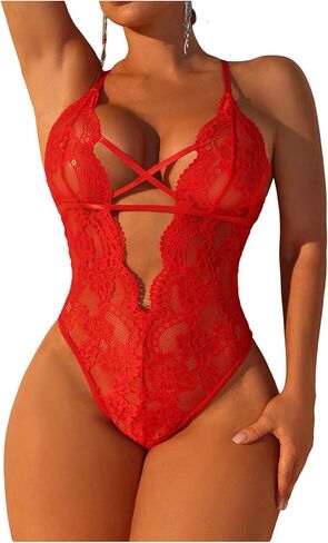 SOLY HUX Women's Floral Lace Criss Cross Lingerie Bodysuit Backless Deep V Neck Sheer Teddy Bodysuits in Saudi Arabia