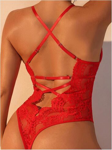 SOLY HUX Women's Floral Lace Criss Cross Lingerie Bodysuit Backless Deep V Neck Sheer Teddy Bodysuits in Saudi Arabia