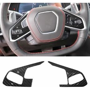 SUNJIKA Compatible with Real Carbon Fiber Steering Wheel Button Frame Cover Trim Interior Accessories for Corvette C8 2020-2024 (Black 2pc in Saudi Arabia