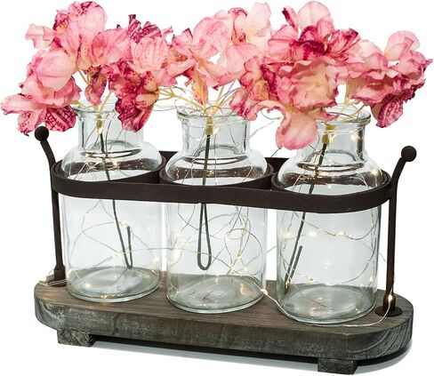 Vase Set with Flower and LED Lights, 3 Jars with Artificial Flowers, Rustic Wood Tray, Farmhouse Table Decor in Saudi Arabia