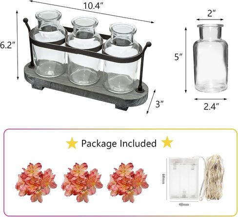 Vase Set with Flower and LED Lights, 3 Jars with Artificial Flowers, Rustic Wood Tray, Farmhouse Table Decor in Saudi Arabia
