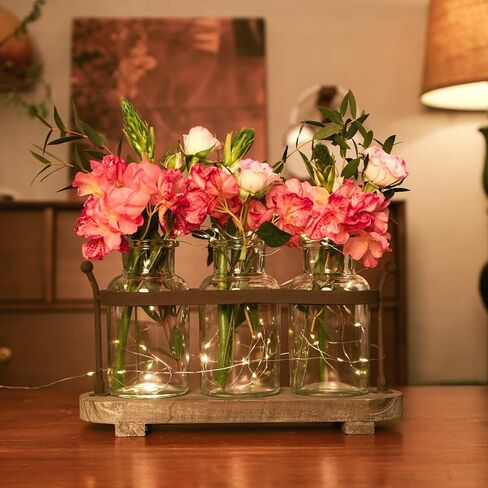 Vase Set with Flower and LED Lights, 3 Jars with Artificial Flowers, Rustic Wood Tray, Farmhouse Table Decor in Saudi Arabia