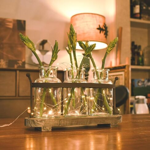 Vase Set with Flower and LED Lights, 3 Jars with Artificial Flowers, Rustic Wood Tray, Farmhouse Table Decor in Saudi Arabia