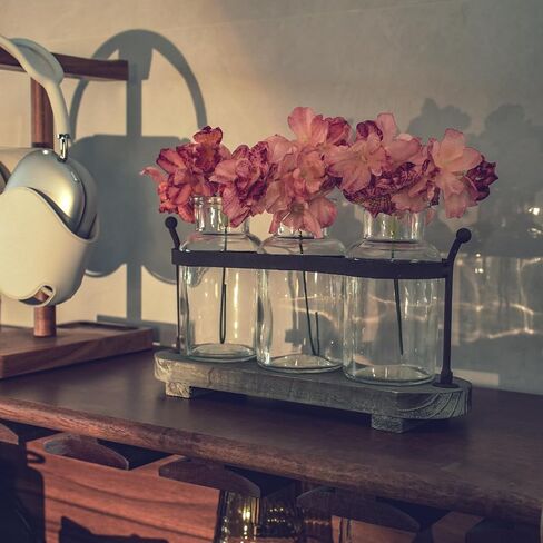 Vase Set with Flower and LED Lights, 3 Jars with Artificial Flowers, Rustic Wood Tray, Farmhouse Table Decor in Saudi Arabia