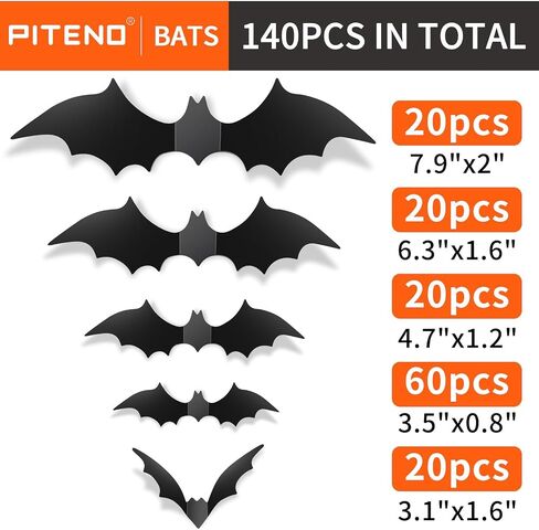 Piteno® 140Pcs Bats Halloween Decorations Party Supplies, Realistic PVC 3D Black Scary Bat Stickers for Creepy Home Decor Halloween Party Decorations DIY Wall Window Decal Bathroom Indoor in Saudi Arabia