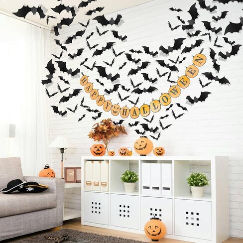 Piteno® 140Pcs Bats Halloween Decorations Party Supplies, Realistic PVC 3D Black Scary Bat Stickers for Creepy Home Decor Halloween Party Decorations DIY Wall Window Decal Bathroom Indoor in Saudi Arabia