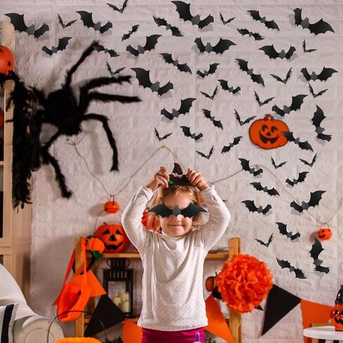 Piteno® 140Pcs Bats Halloween Decorations Party Supplies, Realistic PVC 3D Black Scary Bat Stickers for Creepy Home Decor Halloween Party Decorations DIY Wall Window Decal Bathroom Indoor in Saudi Arabia
