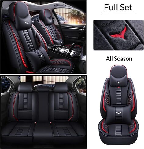 Full Set of Universal Fit Automotive Seat Covers fit for Land Rover Range Rover Sport 2006-2025, PU Leather Automobile Interior Sets with Headrest & Back Pillow Black & Red Line in Saudi Arabia