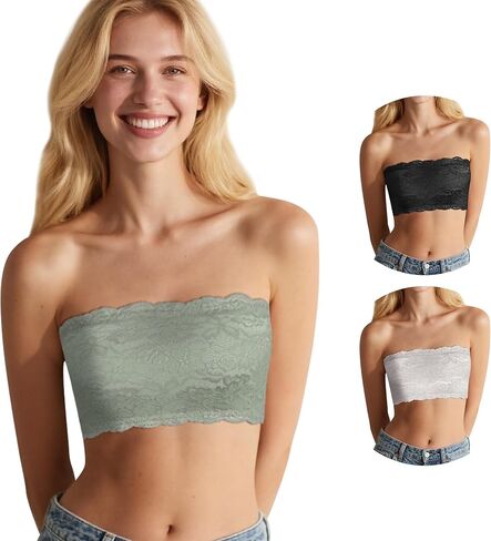 Lace Bandeau Bras for Women - Wireless Tube Bra Strapless Lace Bralette Top Bra Full Coverage No Underwire Floral in Saudi Arabia