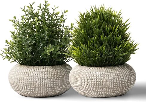 2Pack Small Fake Plants, Artificial Plants Indoor in Cement Planter, Faux Plants Indoor for Home Bathroom Bedroom Kitchen Office Room Decor - Yellowish Green-Rosemary in Kuwait
