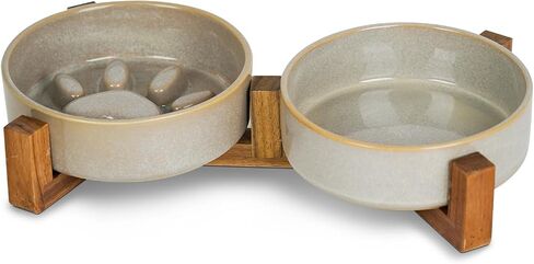 Dog Slow Feeder Ceramic Bowls Set with Stand, Cute Paw Slow Feeding Food Bowl and Water Bowl for Medium Breed, Ceramics Dog Dishes,Non Slip, Brithday Gifts, Grey in Saudi Arabia