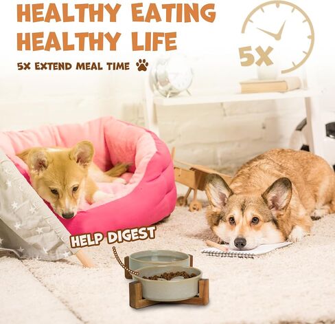 Dog Slow Feeder Ceramic Bowls Set with Stand, Cute Paw Slow Feeding Food Bowl and Water Bowl for Medium Breed, Ceramics Dog Dishes,Non Slip, Brithday Gifts, Grey in Saudi Arabia