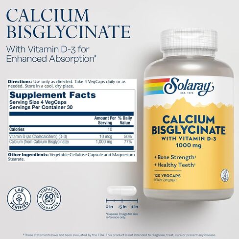 Solaray Calcium Bisglycinate 1000mg with Vitamin D-3, Chelated Calcium Supplement for Bone Strength and Healthy Teeth Support, Enhanced Absorption and Easy to Digest, 30 Servings, 120 VegCaps in Saudi Arabia