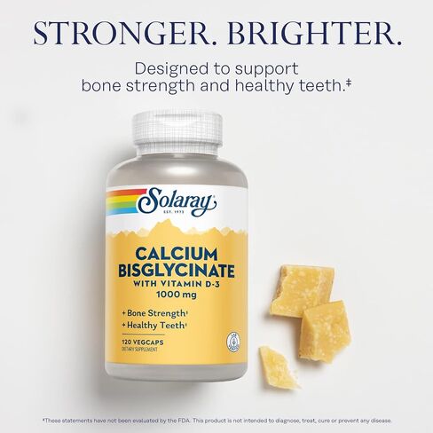 Solaray Calcium Bisglycinate 1000mg with Vitamin D-3, Chelated Calcium Supplement for Bone Strength and Healthy Teeth Support, Enhanced Absorption and Easy to Digest, 30 Servings, 120 VegCaps in Saudi Arabia