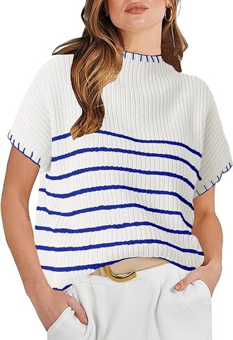 سترة مخططة مخططة قصيرة الأكمام سترة وهمية عنق مضلعة in Kuwait