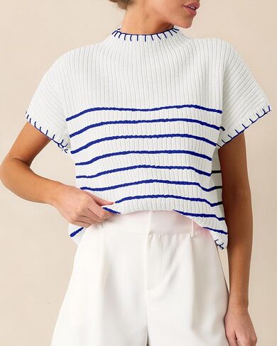 سترة مخططة مخططة قصيرة الأكمام سترة وهمية عنق مضلعة in Kuwait