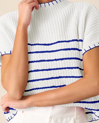 سترة مخططة مخططة قصيرة الأكمام سترة وهمية عنق مضلعة in Kuwait