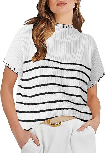 Women's Striped Short Sleeve Sweater Mock Neck Ribbed Trendy Knit Pullover Vest Tops in Kuwait