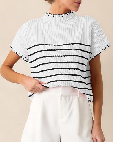 Women's Striped Short Sleeve Sweater Mock Neck Ribbed Trendy Knit Pullover Vest Tops in Kuwait