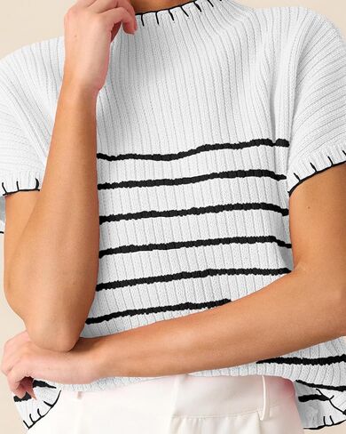 Women's Striped Short Sleeve Sweater Mock Neck Ribbed Trendy Knit Pullover Vest Tops in Kuwait