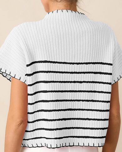 Women's Striped Short Sleeve Sweater Mock Neck Ribbed Trendy Knit Pullover Vest Tops in Kuwait
