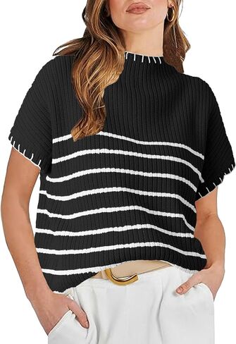 Women's Striped Short Sleeve Sweater Mock Neck Ribbed Trendy Knit Pullover Vest Tops in Kuwait