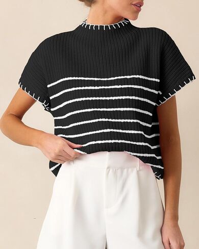 Women's Striped Short Sleeve Sweater Mock Neck Ribbed Trendy Knit Pullover Vest Tops in Kuwait