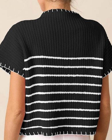Women's Striped Short Sleeve Sweater Mock Neck Ribbed Trendy Knit Pullover Vest Tops in Kuwait