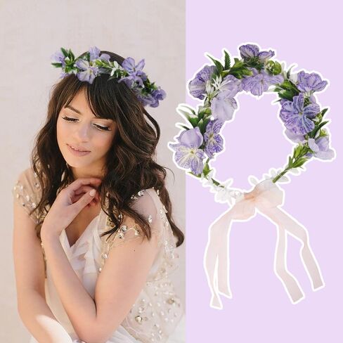 التاج الأهوني للنساء والفتيات الزهور عداد الشعر الزهور Flower Flower Girl Headpiece الزفاف إكسسوارات الشعر - الأرجواني in Kuwait